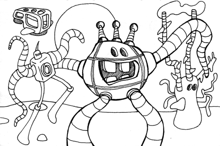 ink on paper illustration buck toothed robot hugging