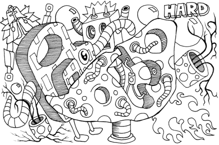 ink on paper illustration flames robots and tentacles